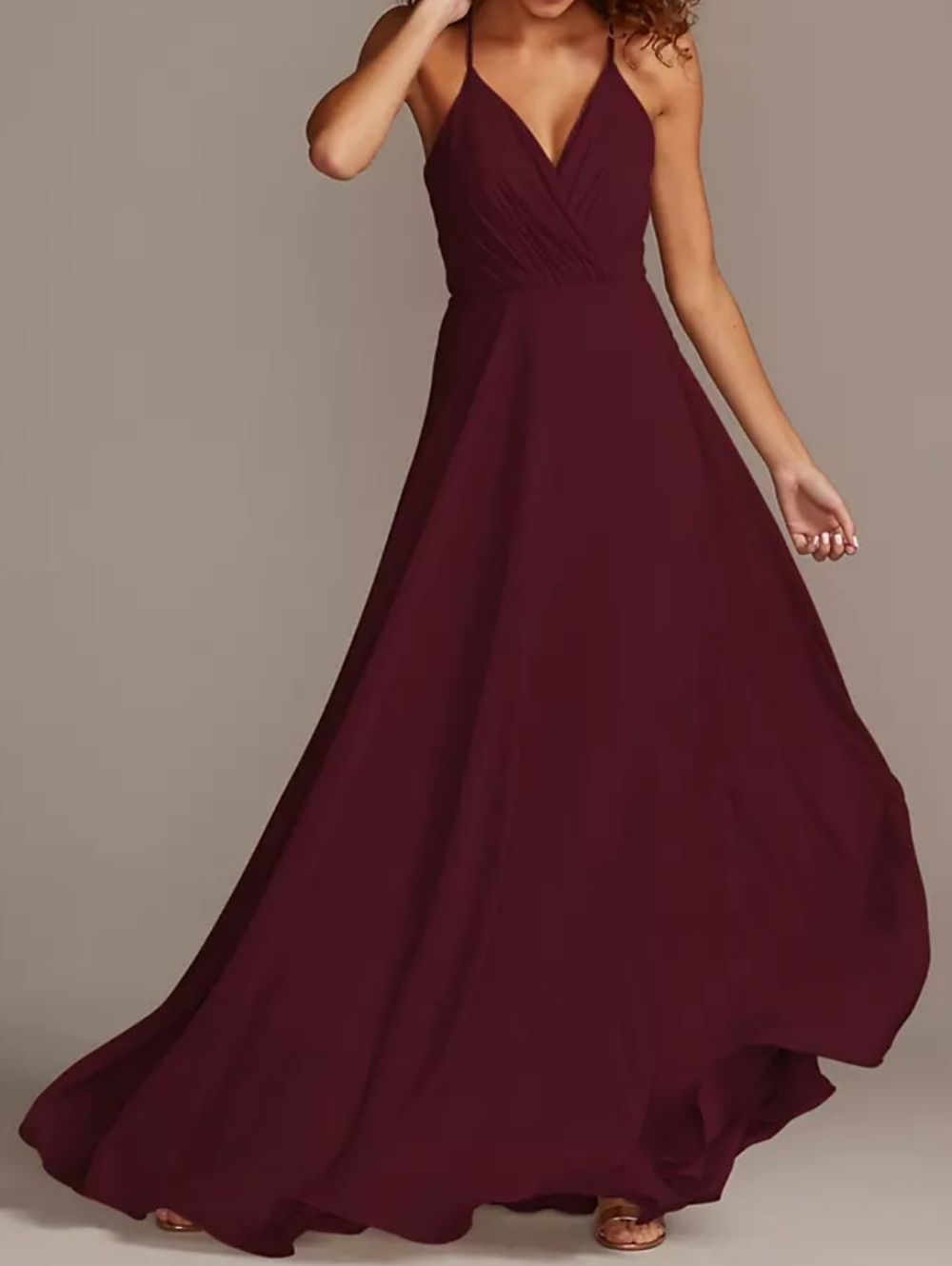 Davids Bridal Spaghetti-Strap Full Skirt Dress in Wine